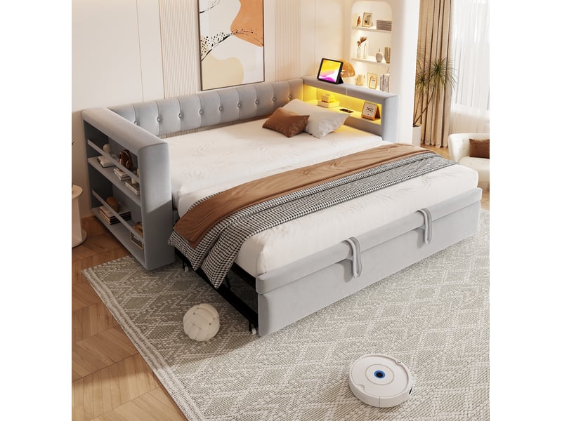 Modenvie canapé convertible 90180x190 cm - rangement intégré, led multicolore et prise - gris  - Conforama E
