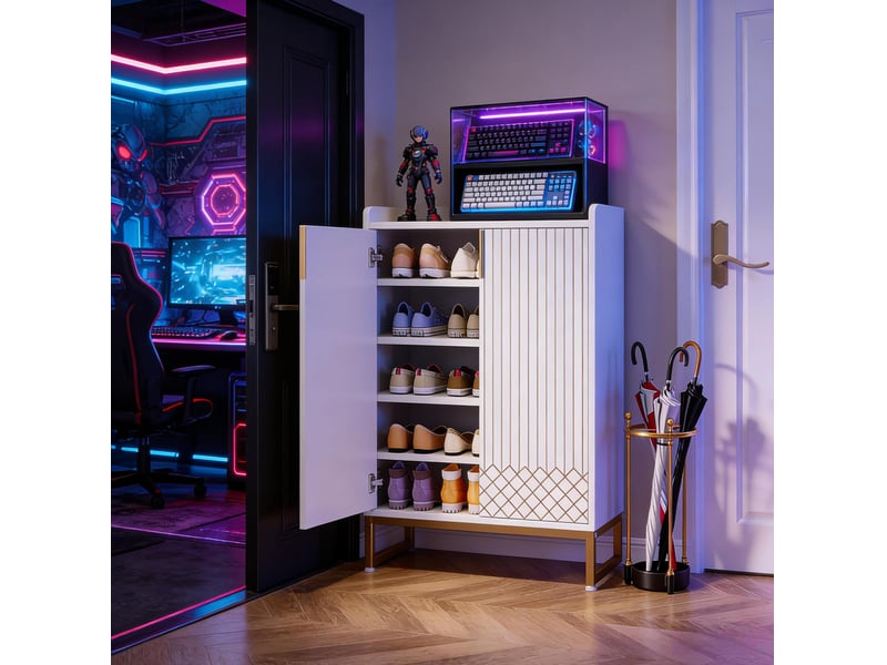  Meuble à chaussures 5 niveaux avec 2 portes, rangement jusqu’à 20 paires pour entrée, bois et métal, blanc et doré  - Conforama C