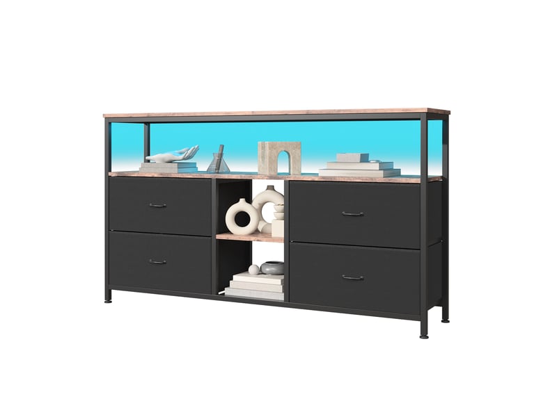  Meuble tv avec led,armoire tv de salon avec 4 tiroirs, tiroirs en tissu et structure en métal,108 x 29.8 x 76.8 cm, noir  - Conforama A