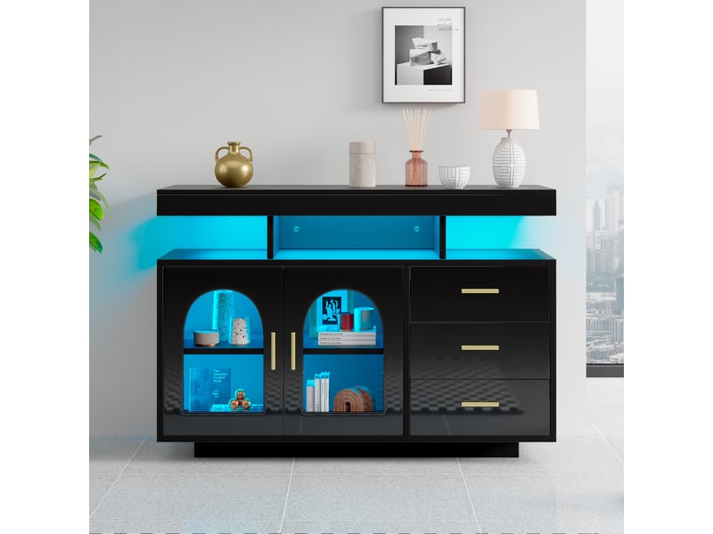  Buffet de salon 140x40x65 cm, commode moderne avec bandeau lumineux led, meuble de rangement avec 3 compartiments et 4 portes  - Conforama R
