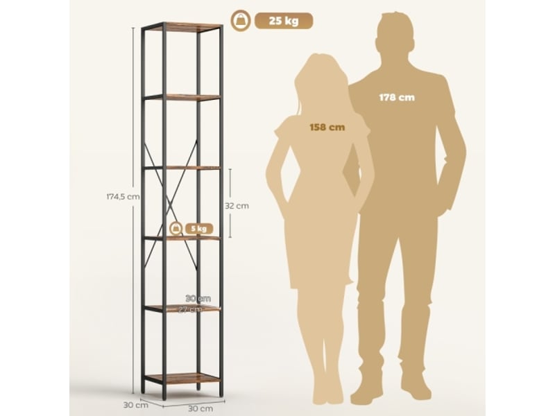  Lot de 2 bibliothèques 6 niveaux, cadre en acier, style rustique, brun, salon et bureau  - Conforama C