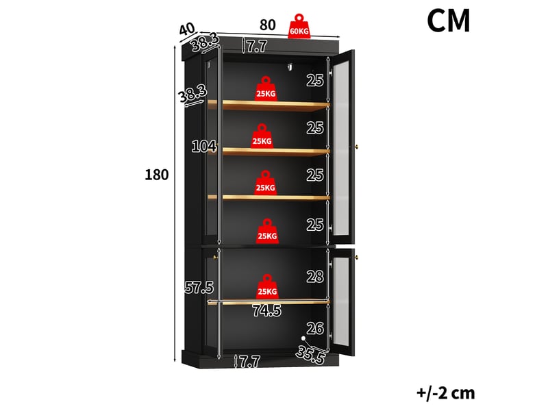  Vitrine haute 80 x 40 x 180 cm avec éclairage led, rangements compartimentés et dispositif anti-basculement, noir  - Conforama C
