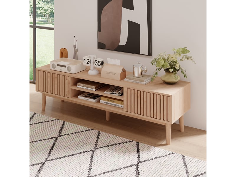  Meuble tv - 150 x 40 x 48 cm-chêne - avec portes à lattes et niches ouvertes - meuble de salon style scandinave  - Conforama D