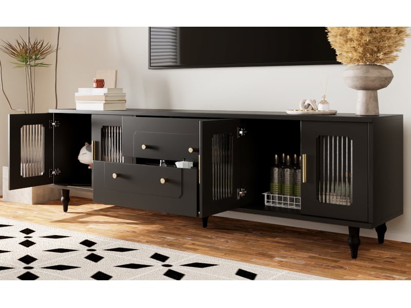 Meuble tv noir 175 cm style rétro avec portes en verre trempé et pieds en métal - Conforama E