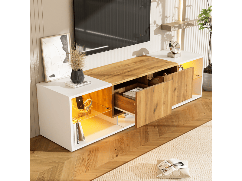  Meuble pour téléviseur 3 niveaux 160x40x42 cm avec led 16 couleurs, panneau de particules, chêne et blanc  - Conforama W