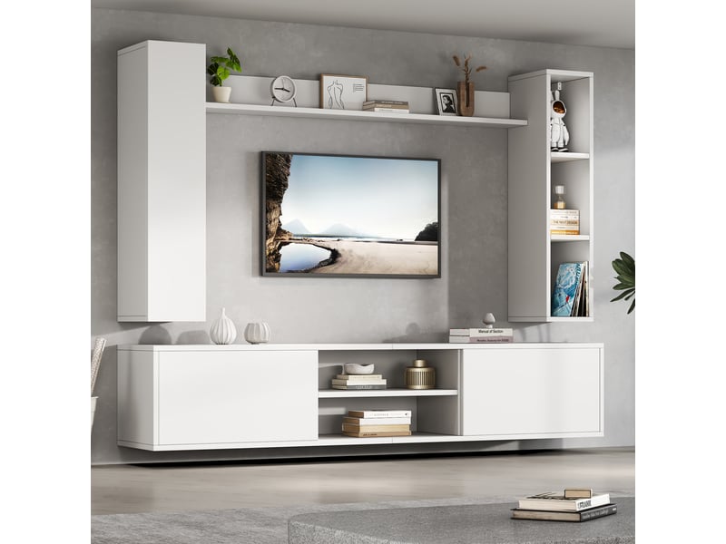  Meuble tv blanc 180x35x33,5 cm avec vitrines – ensemble 4 pièces, étagères murales – écran jusqu’à 80 pouces  - Conforama B
