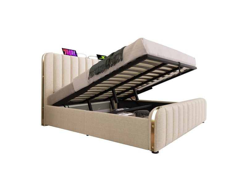  Lit coffre 2 places 180x200 cm, sans matelas, lin beige, charge usb type-c, doté de tête de lit à bandes dorées  - Conforama A