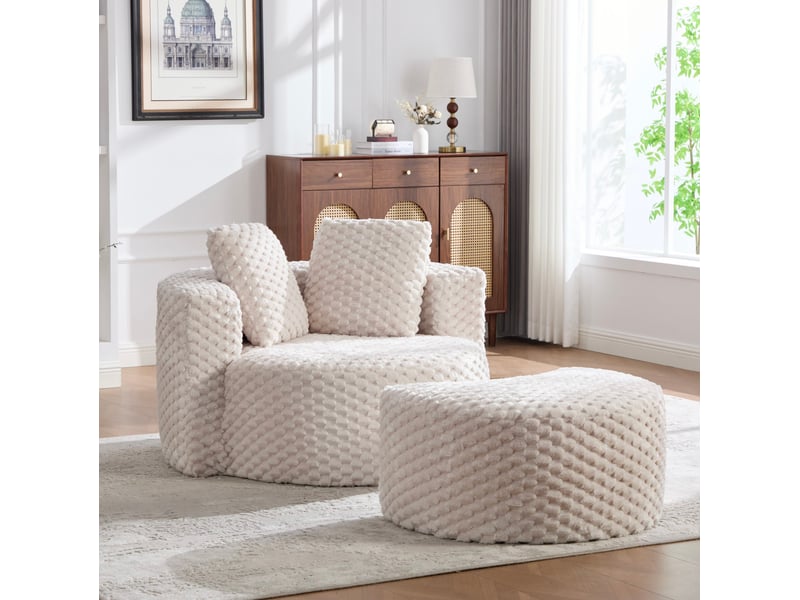  Fauteuil en mousse beige avec repose-pieds, tissu doux et design moderne pour un coin détente confortable  - Conforama E