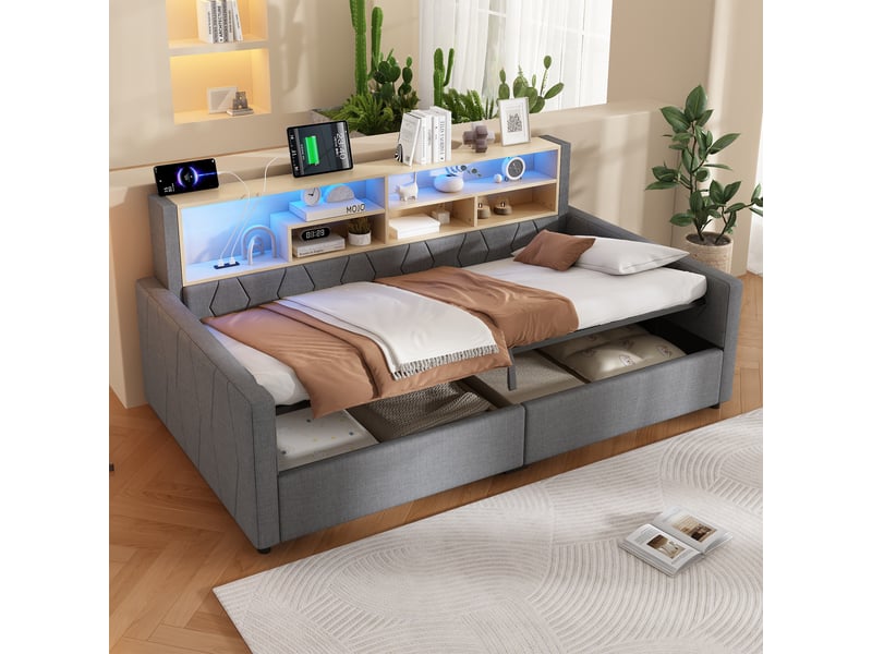 Lit coffre 90x200 cm, rangement hydraulique, tête de lit avec led, usb-a et usb-c, sommier à lattes, lin, gris OMNIGLINT TRADING LTD - Conforama D