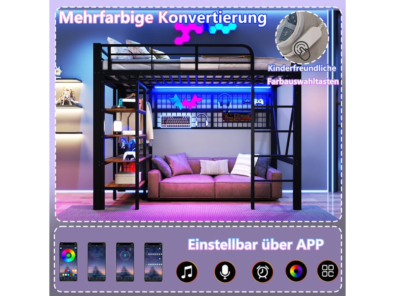  Lit mezzanine 90 x 200 cm, structure métal, led, bureau, étagères, panneau perforé, usb, sans matelas, noir  - Conforama D