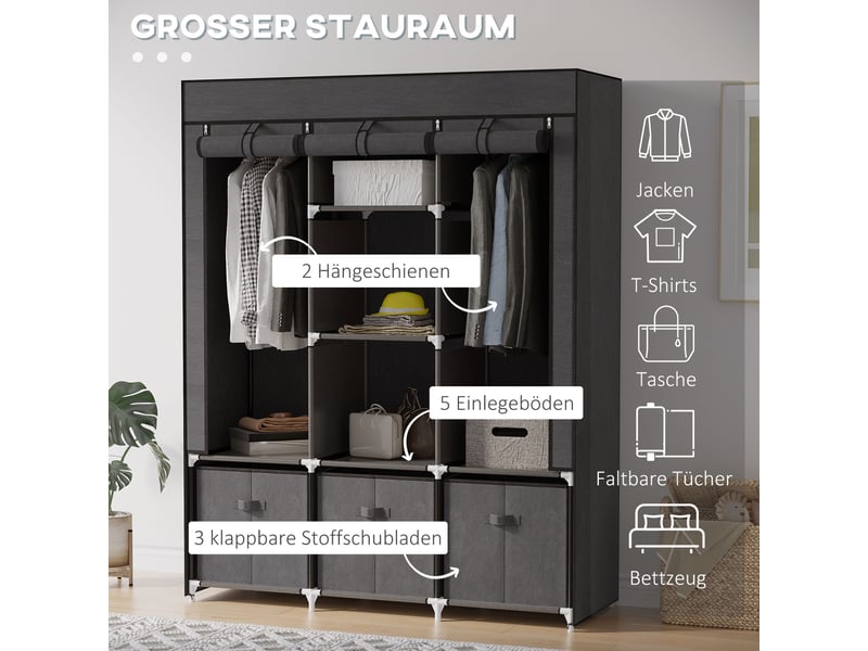  Armoire avec 2 penderies, 5 étagères et 3 tiroirs, housse zippée pour chambre, acier gris foncé, 125×43×162,5 cm  - Conforama E