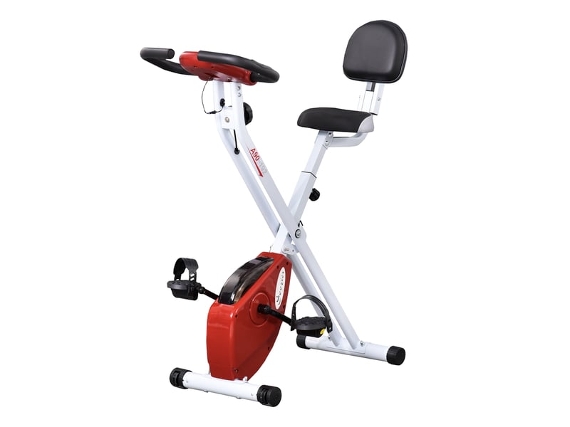 Vélo appartement pliable fitness intérieur, 8 résistances magnétiques, dossier, selle réglable, lcd, cardio, rouge. - Conforama B