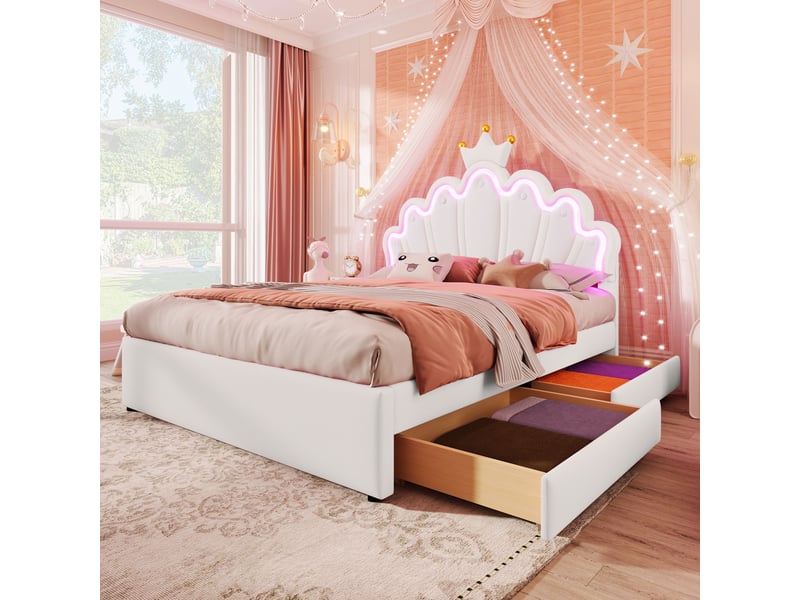  Lit enfant rembourré 140x200 cm avec tête de lit couronne réglable, led télécommandée, 2 tiroirs, pu blanc CozyNest - Conforama B