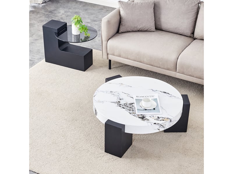 Tables basses gigognes rondes 61x30 cm - table de salon avec plateau effet marbre et verre trempé, pieds en l - noir et blanc - Conforama C