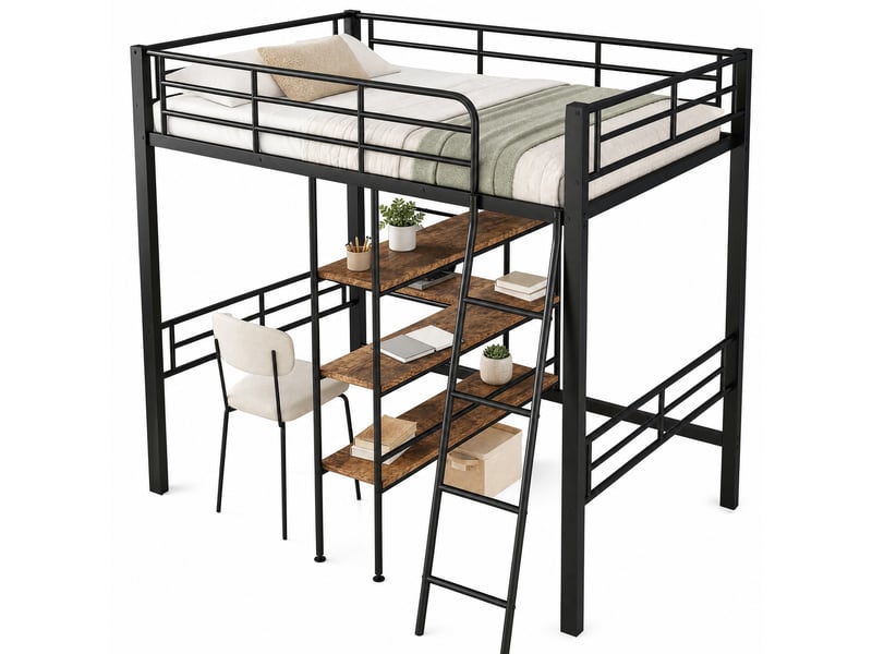  Lit mezzanine enfant 90 x 200 cm en métal avec bureau, étagères et échelle, noir  - Conforama A