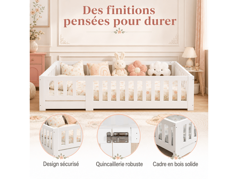  Lit enfant - cadre de lit au sol - 90 x 200 cm - bois de pin massif - avec barrière de sécurité et porte -  lit au sol enfant 90x200 cm - lit simple avec sommier à lattes - protection contre les chutes - lit au sol pour enfant -…  - Conforama D
