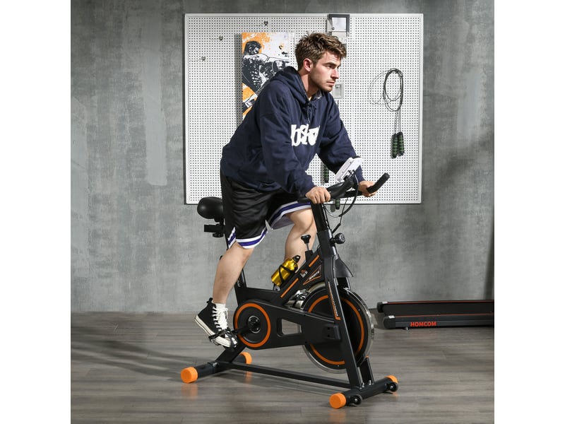  Vélo d'appartement avec volant d'inertie de 8 kg, écran lcd, moniteur de fréquence cardiaque, selle et guidon réglables, 103 x 48 x 115 cm, orange  - Conforama C