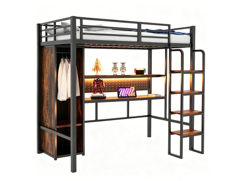  Lit surélevé métal 90 x 200 cm, escalier, bureau avec prises, bandeau led, rangement et armoire, noir  - Conforama A