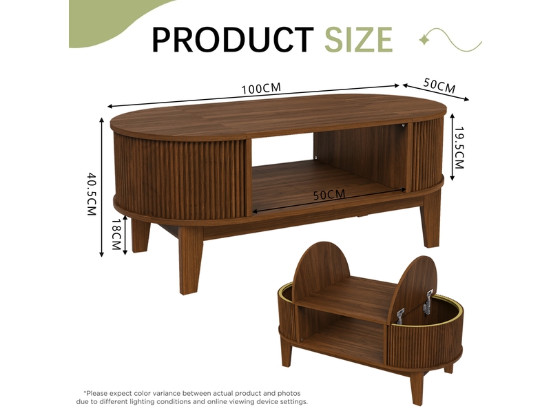  Table basse ovale – noyer – rangement triple –  couvercle relevable –  design rétro – 100×50×40,5 cm  - Conforama C