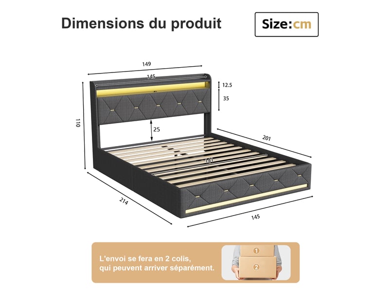Lit coffre 140x200cm - lit double 140x200 rembourré en lin gris, led rgb, chargeur sans fil, usbtype-c - gris - Conforama E