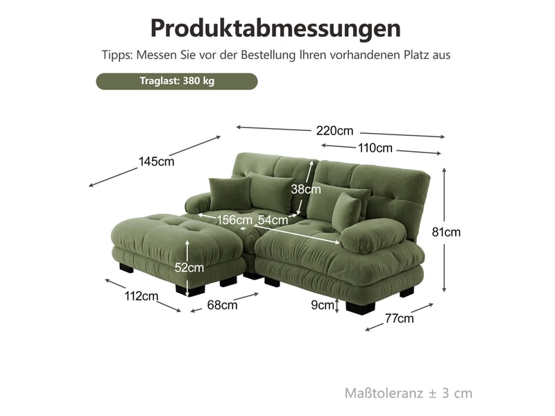 Canapé d'angle modulable ulevr 2 places avec ottoman mobile, chenille vintage verte, 220 x 145 x 81 cm, 2 coussins lombaires et 2 décoratifs - Conforama C