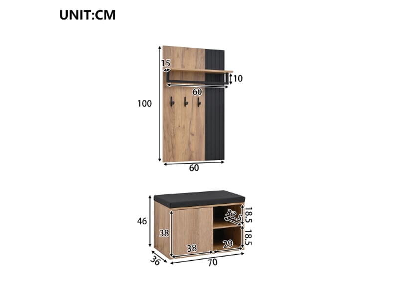  Meuble à chaussures 2 portes - armoire d'entrée noir et bois naturel, dos avec 3 crochets, 70x36x146 cm  - Conforama C