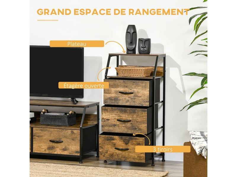  Meuble de rangement style industriel commode 3 tiroirs en tissu amovibles et 2 étagères - bois et métal - 44 x 29 x 92 cm  - Conforama A
