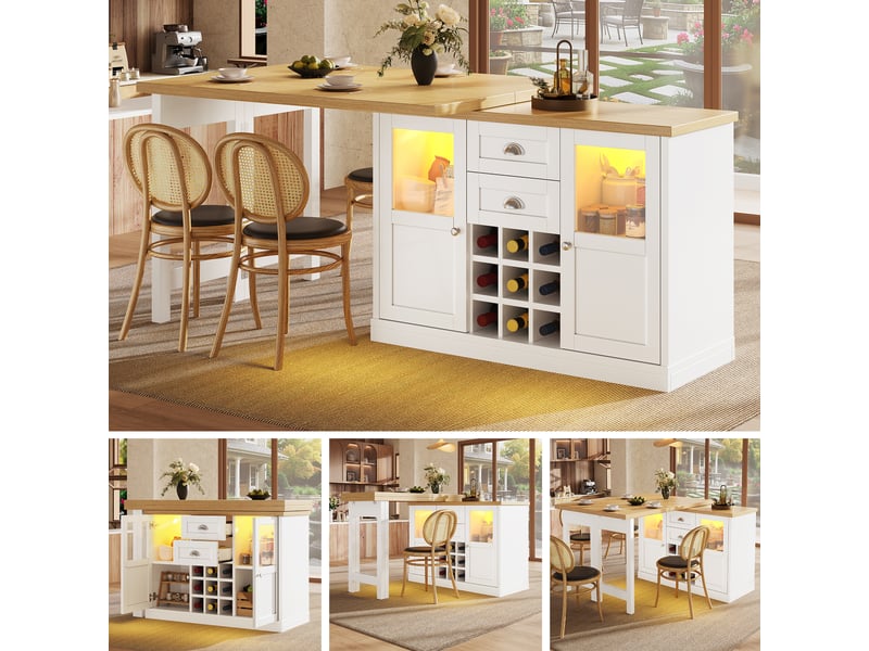  Table extensible rotative avec 2 tiroirs, 2 portes vitrées, casier à 9 bouteilles et led, blanche, 120-197 × 40 × 72 cm  - Conforama E