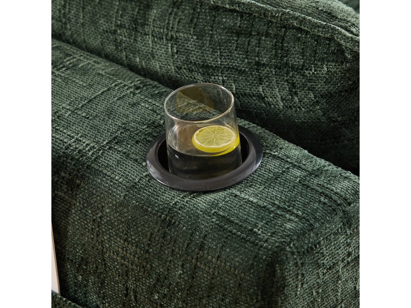 Canapé modulable 3 places 256x161x75 cm vert en chenille, 1 pouf, coussins, porte-gobelets, 2 poches, assise mousse et ressorts - Conforama E