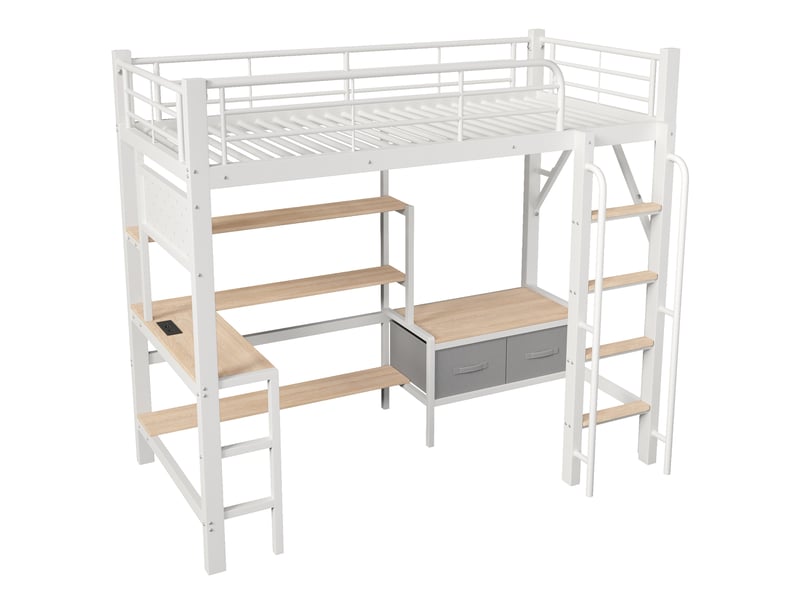 Lit mezzanine enfant,90x200 cm,avec bureau, rangements et led,métal et mdf,blanc - Conforama D