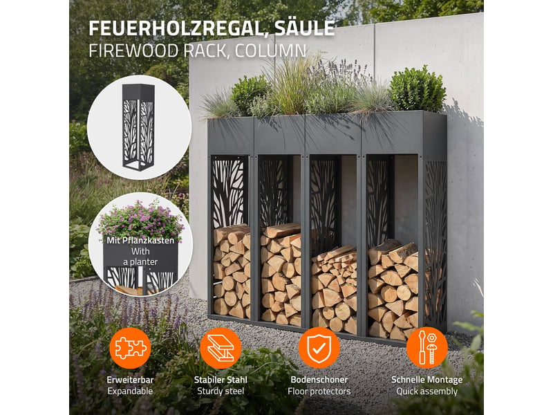  Ml-design range-bûches modulable avec jardinière en acier galvanisé, intérieur et extérieur, résistant aux intempéries, rangement bois de chauffage, motif de branches, anthracite, 30 x 30 x 111 cm ECD Germany GmbH - Conforama B