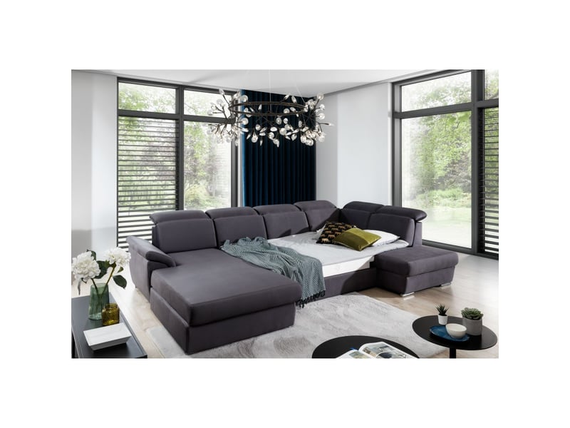  Canapé panoramique convertible majesta 5 places gris – angle gauche avec coffre  - Conforama D