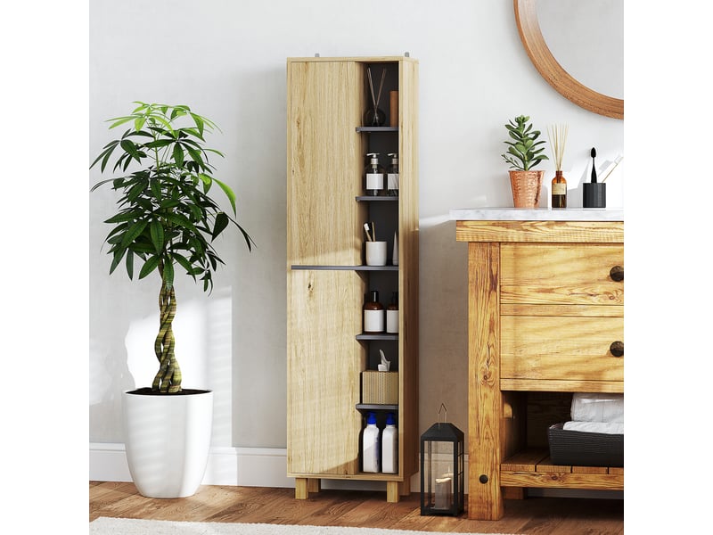 Meuble colonne salle de bain, bois naturel, armoire de salle de bain avec 6 compartiments ouverts et 2 placards - Conforama D
