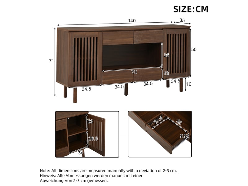  Buffet bas 4 tiroirs et 2 portes persiennes 140x35x71 cm mdf noyer  - Conforama C
