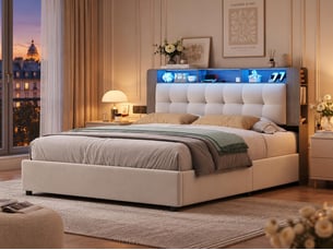 Lit coffre 160x200 cm avec tête de lit - leds - étagères et rangements latéraux - sommier à lattes
