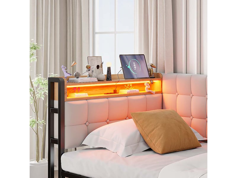  Lit banquette 200×90 cm avec 2 tiroirs, éclairage led à couleurs variables et ports usb et usb-c, en tissu beige  - Conforama E