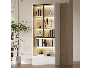 Vitrine led 80 × 34 × 180 cm, avec porte vitrée, 1 tiroir et 6 niveaux de rangement, mdf, blanc, avec étagères réglables, avec rangement modulable