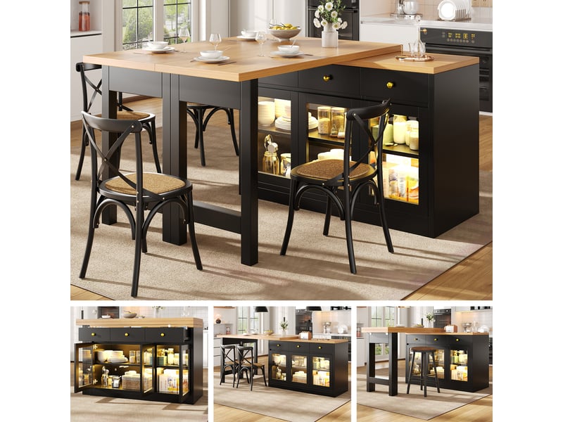  Table extensible avec 3 tiroirs, 3 portes vitrées et éclairage led rgb pour cuisine et salle à manger en mdf noir  - Conforama E