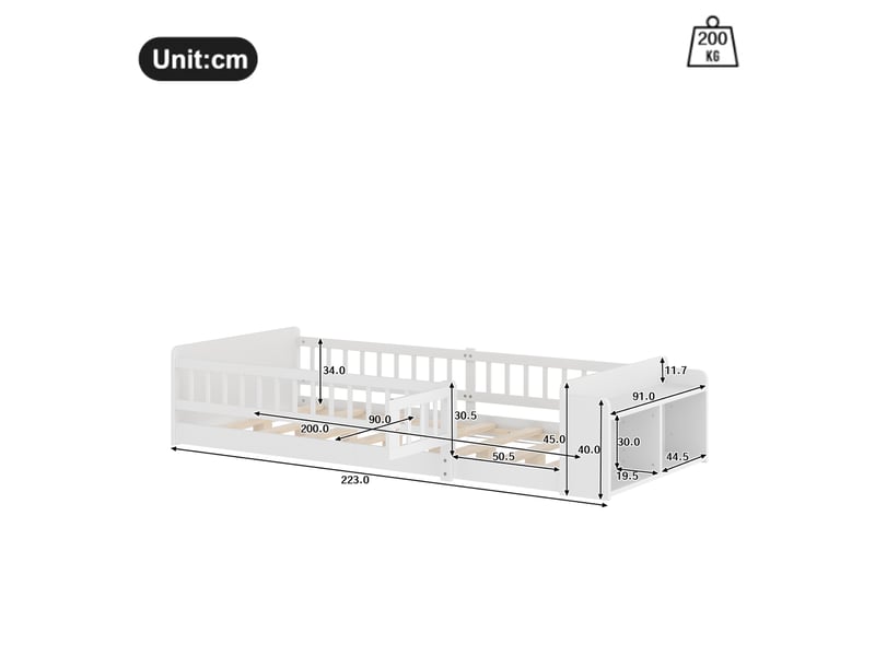 Lit enfant 90x200cm avec espace de rangement, garde-corps,étagère, sommier, pin blanc, sans matelas - Conforama D