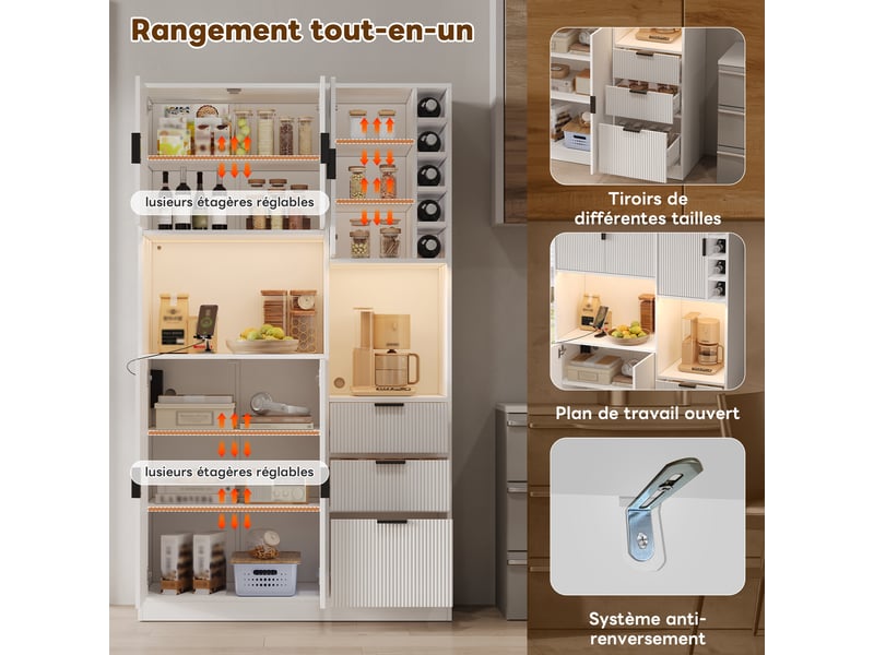  Meuble de cuisine muvano, buffet de cuisine haut blanc avec led et 3 tiroirs, 105 × 40 × 180 cm  - Conforama R