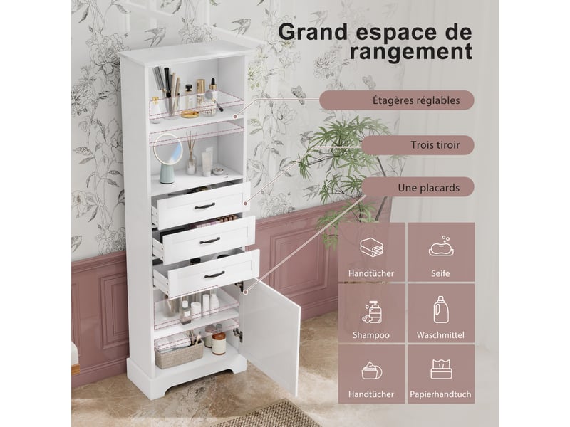 Meuble de salle de bain 56x25,6x167 cm, 3 tiroirs, armoire de rangement, design moderne, poignées noires, mdf blanc - Conforama E