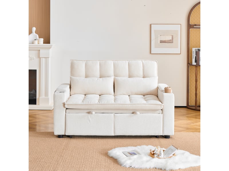  Canapé convertible 142x89x89 cm, canapé-lit 3 en 1, rangements, 2 porte-gobelets, 2 coussins, chenille, beige CozyNest - Conforama D