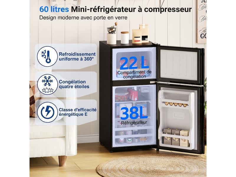  Mini réfrigérateur 60 l avec congélateur 22 l, porte vitrée, led, thermostat réglable, noir  - Conforama D