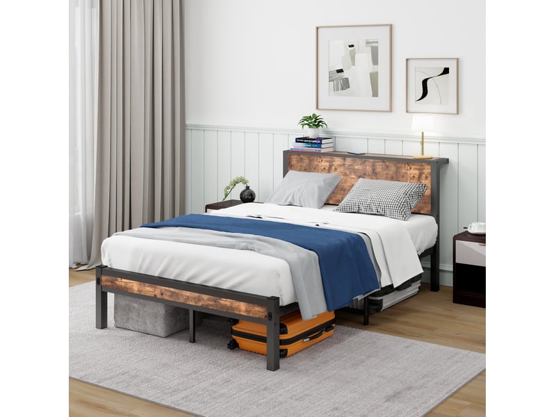  Lit simple 120 × 200 cm 1 place avec tête de lit à rangement, structure métal et mdf, sans matelas, brun antique  - Conforama B