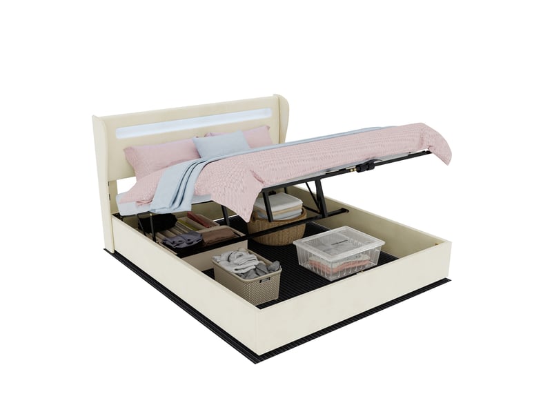  Lit coffre 2 places 160x200 cm avec rangement, led et matelas inclus beige  - Conforama A