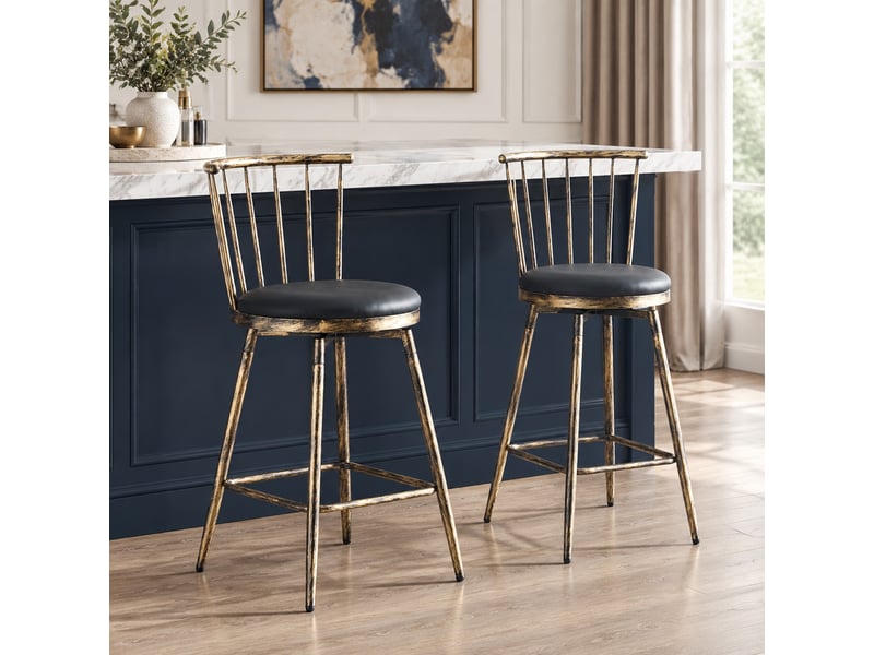  Tabouret de bar en métal avec assise rembourrée - lpospi - dossier windsor et repose-pieds, pu - noir et marron  - Conforama C