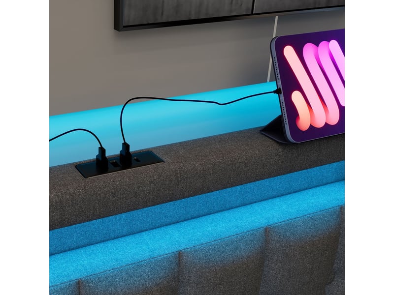  Lit rembourré 90 x 200cm led usb type-c avec matelas et 2 tiroirs - lit simple - sommier à lattes, tête de lit rangement, gris, ados  - Conforama D