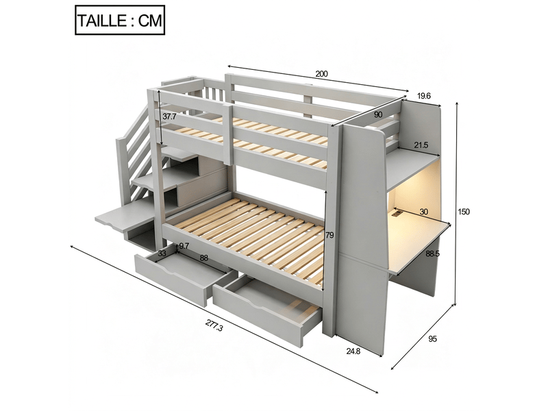  Lit superposé enfant 90x200 cm gris avec bureau, éclairage led et tiroirs de rangement  - Conforama C