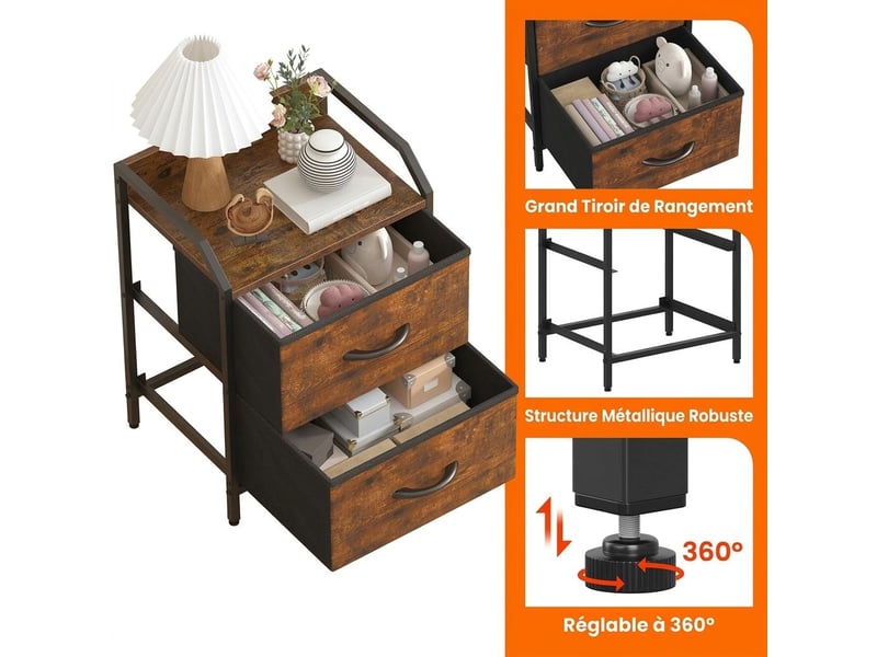  Table de chevet 40x30x55 cm deux tiroirs tissu marron rustique et metal noir  - Conforama B