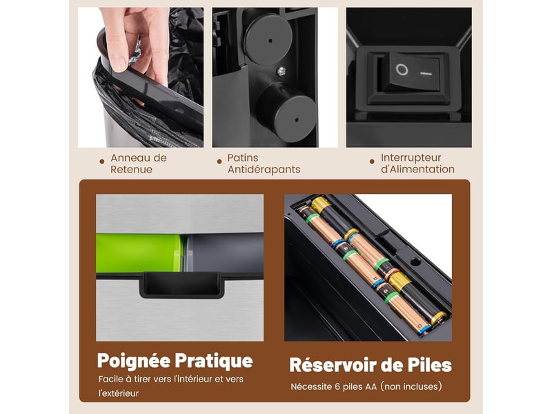  72 l poubelle cuisine sans contact, capteur de mouvement intelligent, poubelle à tri bacs de recyclage, fermeture lente, 42 x 32-58 x 84-110 cm  - Conforama D